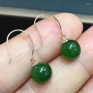 Dangle Küpeler 18K Altın Yeşil Yeşim Top Kadınlar Güzel Takılar Gerçek Çin Hetian Jades Nephrite Küpe