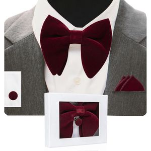 Bow Ties Gusleson Velvet Big Bow Tie Erkekler Bowties Cep Meydanı Kuflinks Hediye Kutusu ile Set Katı Kırmızı Sarı Kravat Man Düğün 231102