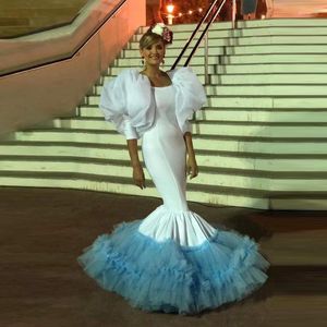 Sıradan Elbiseler İspanyol Maxi Ruffles Uzun balo elbiseleri dans eden flamenko beyaz mavi denizkızı kollu katmanlı parti katmanlı