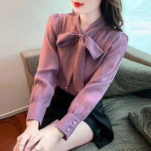 Kadın bluzları moda v yaka şifon dantel yukarı bükülmüş gömlek kadın giyim 2023 bahar Kore üstleri gevşek ofis bayan bluz