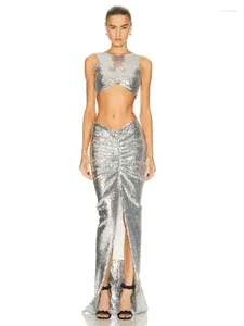 İş Elbiseleri Yaz 2023 Kadın Seksi Gümüş Glitter Uzun Etek Takım 2 Parça Set Zarif Akşam Kulübü Parti Parti