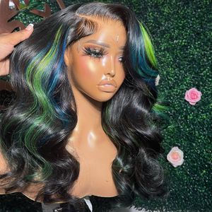 Сине-зеленый мелированный черный 13x4 Бесклеевые объемные волны Цветные парики из натуральных волос Предварительно выщипанные HD Синтетические кружевные фронтальные парики для чернокожих женщин