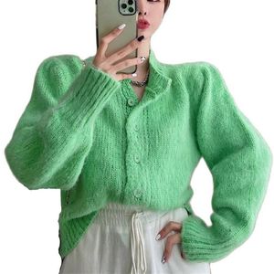 Kadın Sweaters Fashion Yeşil Hırka Kadın Korece Ins Net Kırmızı Gevşek Lazy Peluş Yuvarlak Boyun Sweater Sleev Sıradan Örme En İyi Kadın