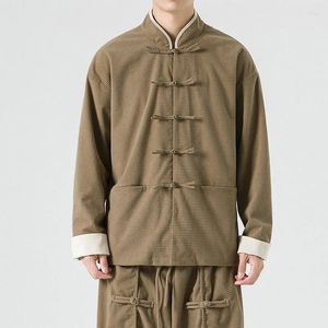Мужские куртки 2023, китайское традиционное ретро-пальто, мужской осенний костюм Тан с длинным рукавом, воротник-стойка, куртка с пряжкой, восточный хлопок