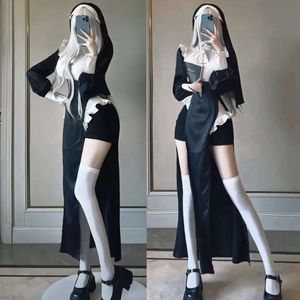 Rahibe Kıyafet Cosplay Cadılar Bayramı Üniforma Seksi Hizmetçi Elbise Kardeş Kostüm Beyaz Uzun Peruk Cosplay