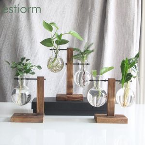 Vases Plant Terrarium Home Decor Hydroponic Vase Vintage Flower Pot Wooden Stand Tabletop Glass Planter Office Decoration