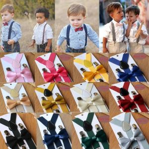 Kids Elastic Suspenders Bow Tie set Matching Tuxedo Suit Unisex Boy Girl Bowtie Wedding Costume Adjustable Y-Back Brace Belt 1103