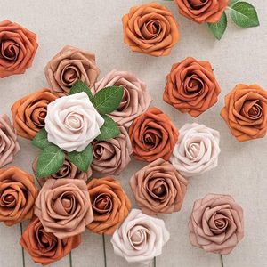Dekoratif çiçekler d-yevil yapay 25pcs yanmış turuncu ombre 5 renk karışık köpük güller, kök düğün buketleri için gövdeli bebek duş