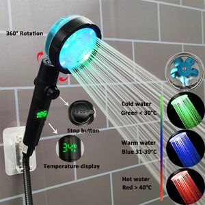 Banyo Duş Başlıkları 3/7 Renk Değişiklikleri Sıcaklık Ekran Led Duş Başlığı Turbo Fan Pervane Filtrelenmiş Duş Başlık Bir Anahtar Durdur Banyo Aksesuarları 231102
