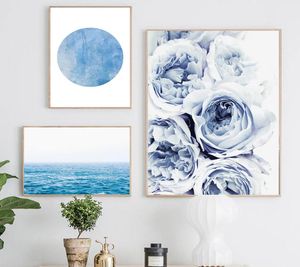 İskandinav Poster Mavi Okyanus Tuval Boyama Çiçek Duvar Baskı Peyzajı Modern Resim Özet Duvar Sanat Resim Ev Dekor7376183