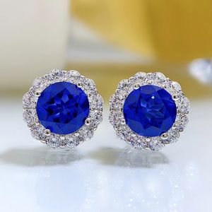 Charm 8mm Safir Pırlanta Saplama Küpe% 100 Gerçek 925 STERLING Gümüş Söz Düğün Küpeleri Kadınlar İçin Söz Partisi Takı