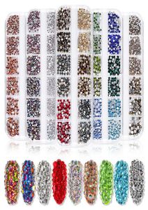 Nail Art Rhinestones Kit 3D Tırnaklar Dekorasyonlar Parlak Cam Matkap Altın Gümüş Renkli Kristal Charm Strass Studs 1440 PCS Box2869055