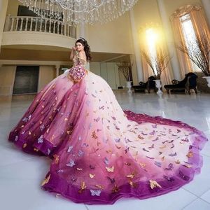 Renkli 3D Kelebek Quinceanera Elbiseler Balo elbisesi 2024 Omuz Dantelli Tatlı 16 Vestidos de 15 Anos