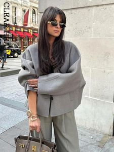 Kadın Ceketleri Kadın Moda Gri V Boyun Açık Dikiş Paltolar Günlük gevşek uzun kollu kırpılmış 2023 Sonbahar Kadınlar Yüksek Sokak Outerwear