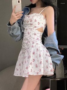 Lässige Kleider Cute Giel White Floral Dress Sweet Girl Mini Korean Style Retro Strap Woman Short Party Summer