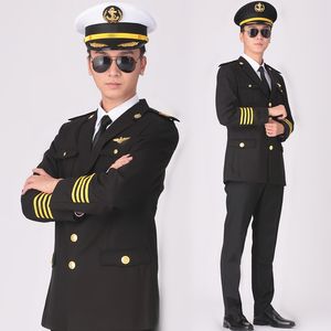 Sahne Wear Cruise Gemisi Kaptan Donanma Denizci Mürettebat Üyesi Siyah Şapka Ceket Pantolon ve Aksesuarlar Erkek Bahar Sonbahar Takım Yat İş Seti