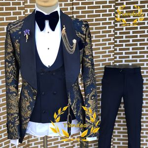Erkekler Suits Blazers Gold Desen Erkekler Kıyafet Ceket Pantolon Yelek 3 Parça Set Düğün Damat Smokin Resmi Parti Moda Yakası Blazer 230404