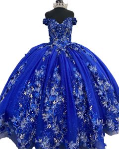 Sparkle Pulins Quinceanera Elbise 2023 Charro Mexican Prom Sweet 15/16 Kız Parti Giyim elbisesi Vestido de 15 Anos 3d Çiçek Çiçek Dantel Aplike Korse Kraliyet Mavi Pembe
