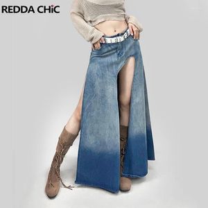 Etek Reddachic yüksek bel bölünmüş uyluk kadın denim etek açık bacaklar maxi uzun jean zemin gündelik düz mavi yaz acubi moda