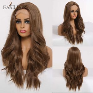 Синтетические парики easihair коричневый кружевной кружевной парик Синтетический длинный волнистый S для женского тела натуральная высокая плотность теплостойкость DIY 230227