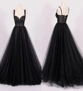 Prom 2023 Vestidos Black Lace Applique Straps Sweep Train Corset Back Tulle Uma Linha Custom Made Ruched Vestidos de Festa de Noite Vestidos Plus Size