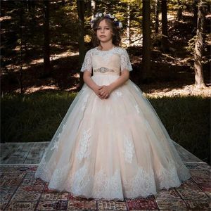 Kız Elbise Şampanya Kabarık Tül Beyaz Dantel Kısa Kollu Çiçek Elbise Düğün Zarif Küçük Çocuk İlk Parça Komünyon Top
