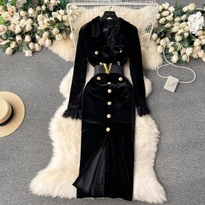 Temel Sıradan Kadın Elbiseler Sonbahar Zarif V-Neck Velvet Elbise Kadın Uzun Kollu Moda Metre Düğmeleri Bölünmüş Kılıf Vücuton Ofis Partisi Kalem Vestidos 2024