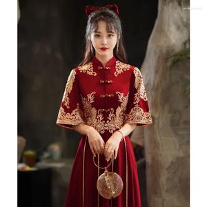 Etnik Giyim Zarif Geleneksel Kırmızı Gelin Elbise Çin Düğün Cheongsam Vintage Tost Modern Akşam Partisi Elbise Qipao