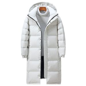 New European and American down jackets, men's long knee length, young men and women's winter outdoor white duck down hood, fashionable and fashionable jacket