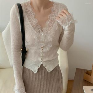 Women's Knits Lace Eyelash Splicing Knitted Cardigan Women Long Sleeve Casual Y2K Fashion Slim Short Sweater V-neck Sexy Thin Tops Feminino