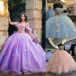 Glitter Princess Quinceanera Dress 2023 Big Bow 3D Butterfly Charro Mexican Prom Quince Sweet 15 16 Birthday Party Gown for 15th Girl vestido de 15 anos Corset Lilac