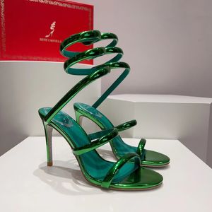 Rene Caovilla Sandals Kadın 9.5cm Lüks Tasarımcı Elbise Ayakkabı Snake Sarılı Ayak Bileği Açık Ayak Ayakkabı Düğün Ayakkabıları Sıradan Lake Deri Parti Ayakkabı