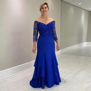 Mavi Boncuklu Gelin Elbiselerinin Annesi Uzun Kollu Düğün Konuk Elbisesi V Boyun Çizgisi Katmanlı Zemin Uzunluğu Rhinestones Akşam Elbise