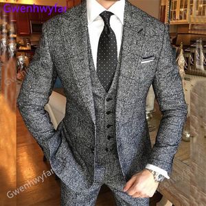 Erkekler Suits Blazers Gwenhwyfar Sonbahar Lüks Tweed Erkek Yakel Takım İki Düğme Üç Parça Erkek Yün Takım Gelinlik Takımı 230406