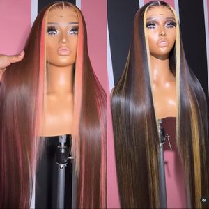 180densidade brasileira colorida rosa marrom 360 peruca frontal de renda osso reto destaque peruca frontal de renda para mulheres hd peruca sintética transparente pré-selecionada