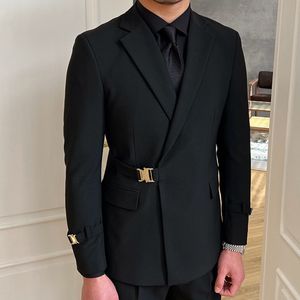 Men's Solid Metal Buckle Decoration Suits Blazers for Party Wedding Banquet