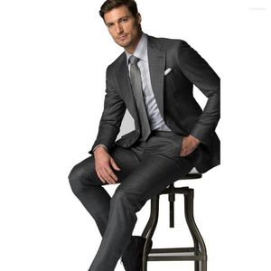 Erkek Suit 2023 Koyu Gri Ekose Stripe Erkekler İnce Fit İş Takımı Erkekler Yüksek Kaliteli Terlenmiş Erkek Düğün Smokin Ceket Pantolon