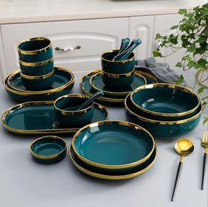 Посредство для набора керамических тарелок и мисок набор зеленых посуд набором посуды Послания блюд 2/4/6 человек кухонный ресторан