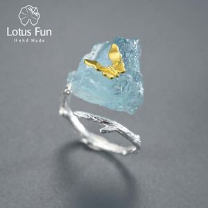 Solitaire Ring Lotus eğlenceli ayarlanabilir Aquamarine Big Tonones Kelebek Yüzükleri Kadınlar İçin Orijinal 925 STERLING Gümüş Dating Lüks Güzel Takı 230404