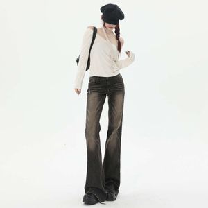 2023 nova maillard cor lavagem mocha cinza marrom jeans feminino picante meninas cintura baixa versátil velho alargamento calças