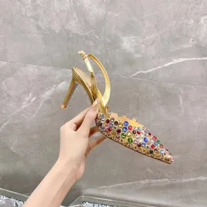 Rene Caovilla Moda Sandalet Tasarımcısı Yüksek Topuklu 7.5 cm Kadın Düğün Ayakkabıları Kristal Dekorasyon Gerçek Deri Ayak Ayak Bileği Kayışı Toka Elbise Ayakkabı