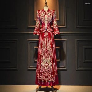 Etnik giyim Çin tarzı geleneksel gelin damat gelinlikler tang takım elbise kırmızı Phoenix boncuk püskül choensam vestidos qipao