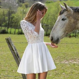 Новое поступление, короткое свадебное платье 2024, трапециевидное платье с v-образным вырезом и кружевом, до колена, с открытой спиной, свадебное платье в стиле бохо, пляжные халаты de Mariage