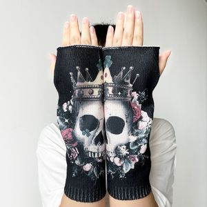 Темно-панк Хэллоуин осень/зима перчатки с открытыми пальцами Корона череп голова принт рука крышка мужские и женские перчатки