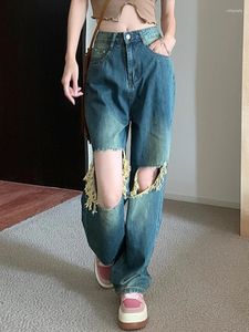 Jeans femininos 90s europeu e americano rasgado high street holdes hip-hop solto em linha reta perna larga y2k retro harajuku calças jeans