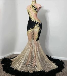 Black Feathers Gold Long Prom Dresses African Slay Queen Dress For Black Girls Sparkly Crystal Sheer Mesh Birthday Party Gown