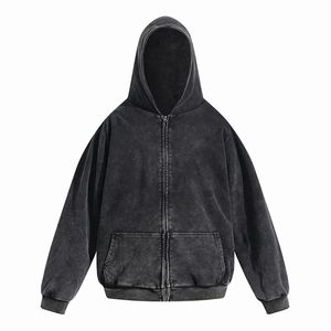 Casual Black Distressed Wash Water Double Layer Zipper Hoodie Coat