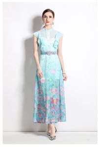 2023 Casual Dresses Summer Women Stand Collar Ruffles Sleeveless Gorgeous Flower Print Single Breasted Holiday Boho Split Long Robe Vestidos
