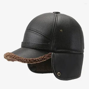 Top Caps Kış Men's Cap Sıcak Beyzbol Peluş Kalın Earmuffs Hat Pu Sahte Deri Yaşlı Bisiklet Şapkaları