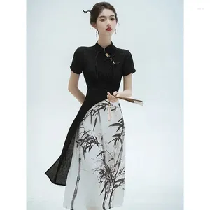 Abbigliamento etnico Nero Cheongsam stile cinese Donna Manica corta Abito lungo Costumi da sposa Stampa a inchiostro Abiti delicati dalla S alla XXL